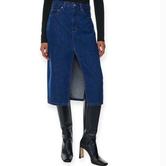 Aritzia Denim Forum The 90s Halle Skirt Midi Pencil Straight Dark Wash Size 28 - Picture 1 of 16